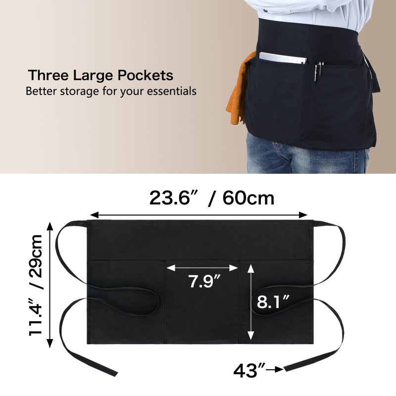 BOHARERS 3 Pockets Waitress Apron 12 Pack Cotton Server Apron Black Half Aprons for Men & Women Waterproof and Oil Proof - Image 3